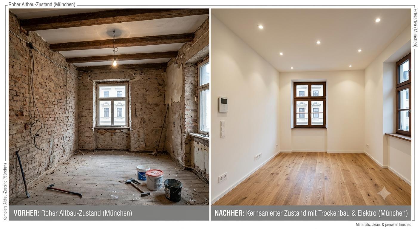 Kernsanierung Altbauwohnung München Vorher Nachher Vergleich Trockenbau und Elektro